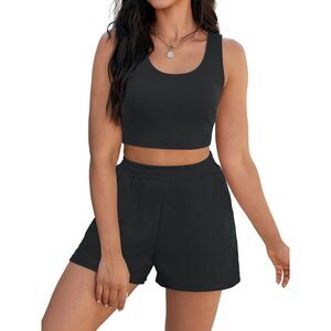 Two Piece Shorts Sets Crop Tops High Waisted Shorts Matching Sets Black